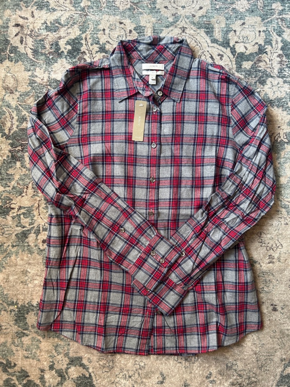 J. Crew Gray and Red Plaid Button-Front Shirt